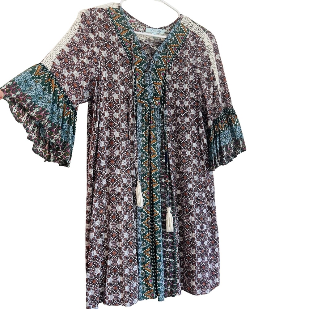 Boho Short Dress Sz S Floral Hippie Festival Bell Sleeves Tassels
